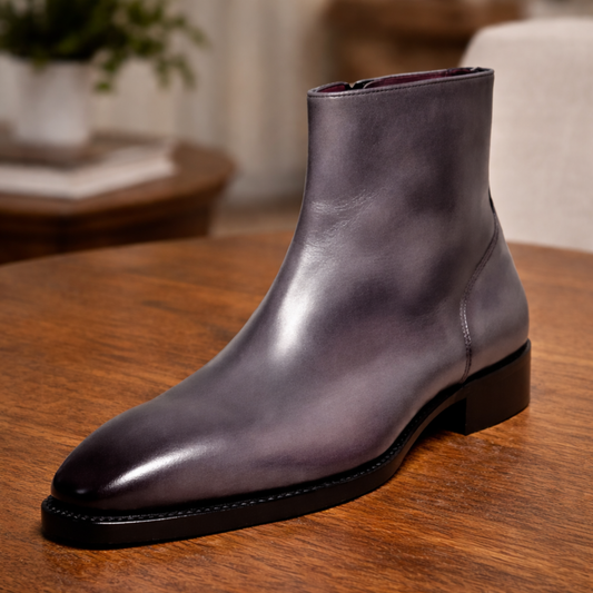 Handcrafted Grey Patina Leather Ankle Boots