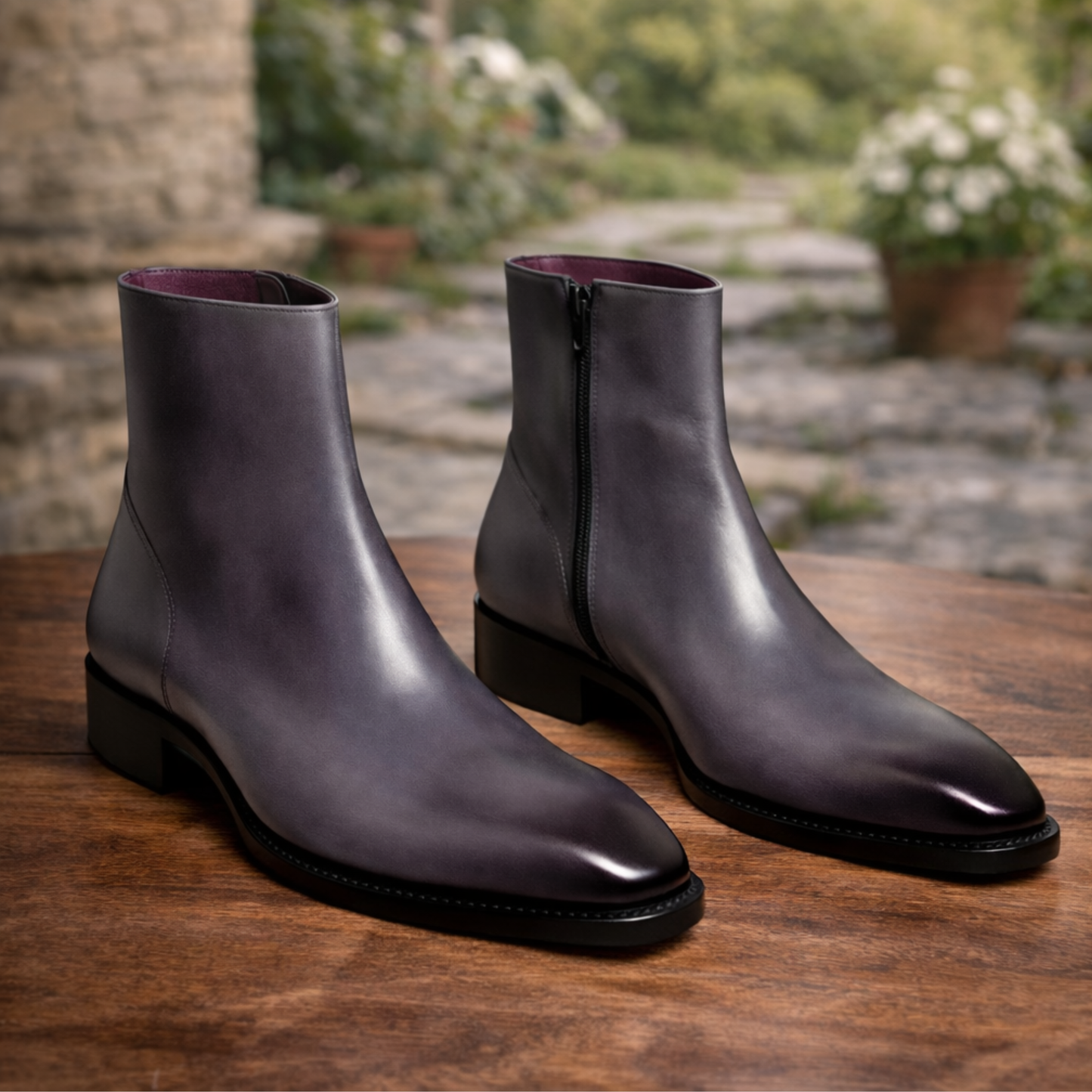 Handcrafted Grey Patina Leather Ankle Boots