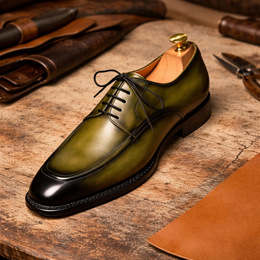 Handcrafted Green Patina Leather Derby Shoes