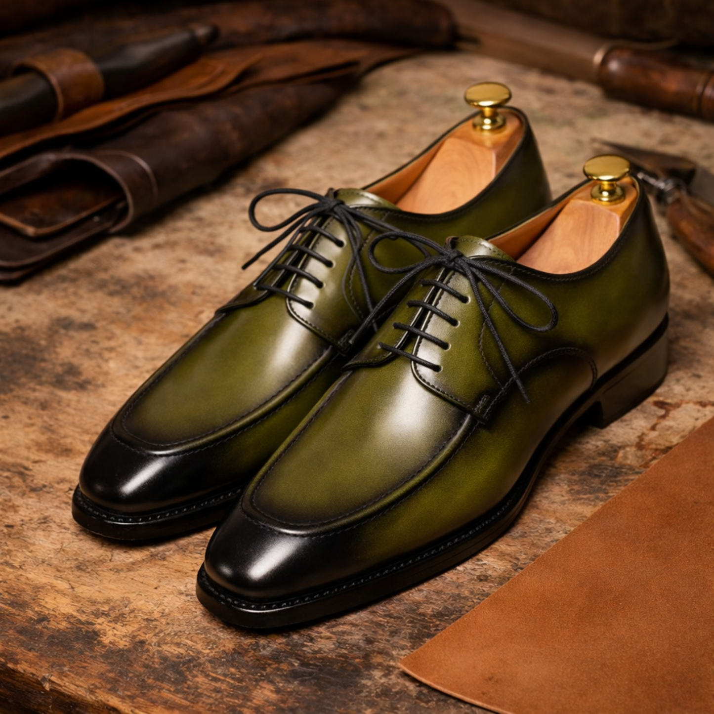 Handcrafted Green Patina Leather Derby Shoes