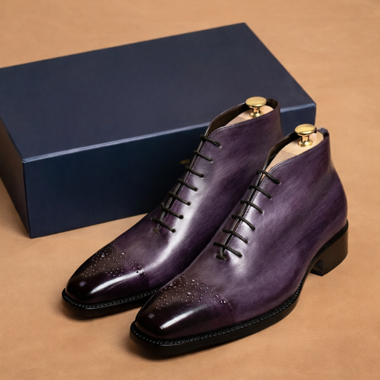 Handcrafted Purple Patina Cap-Toe Ankle Boots