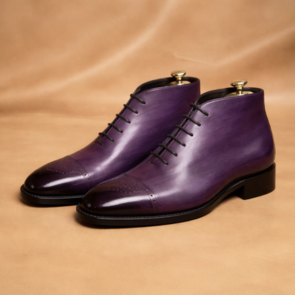 Handcrafted Purple Patina Cap-Toe Ankle Boots