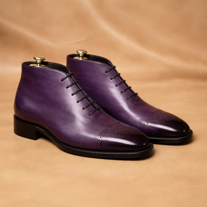 Handcrafted Purple Patina Cap-Toe Ankle Boots