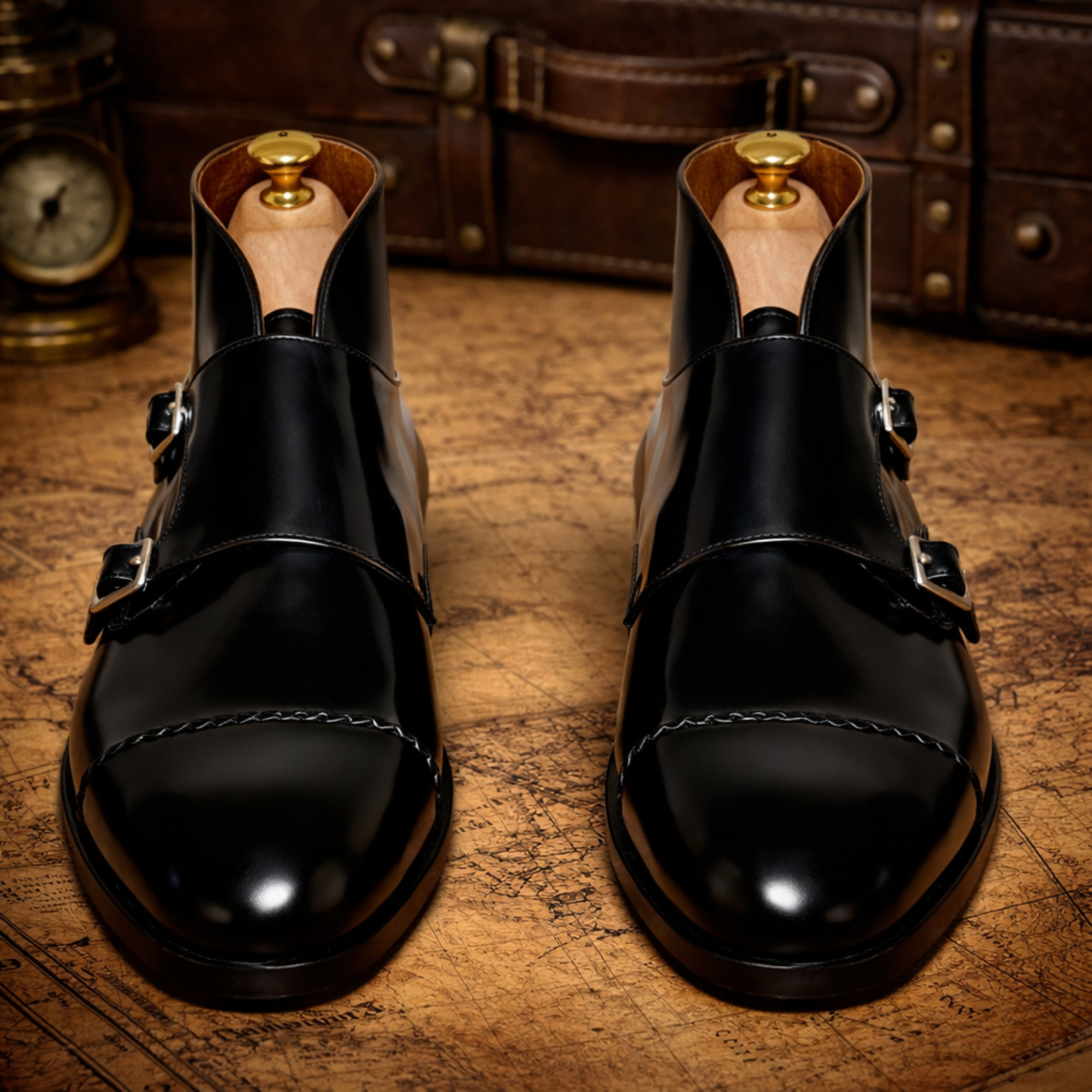 Handcrafted Black Leather Double Monk Strap Shoes for Men