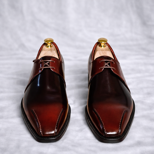 Handcrafted Burgundy Patina Plain-Toe Derby Shoes