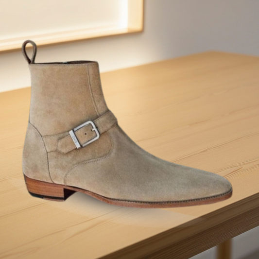 Tan Suede Jodhpur Ankle Boots with Buckle Strap – Handcrafted Leather Sole