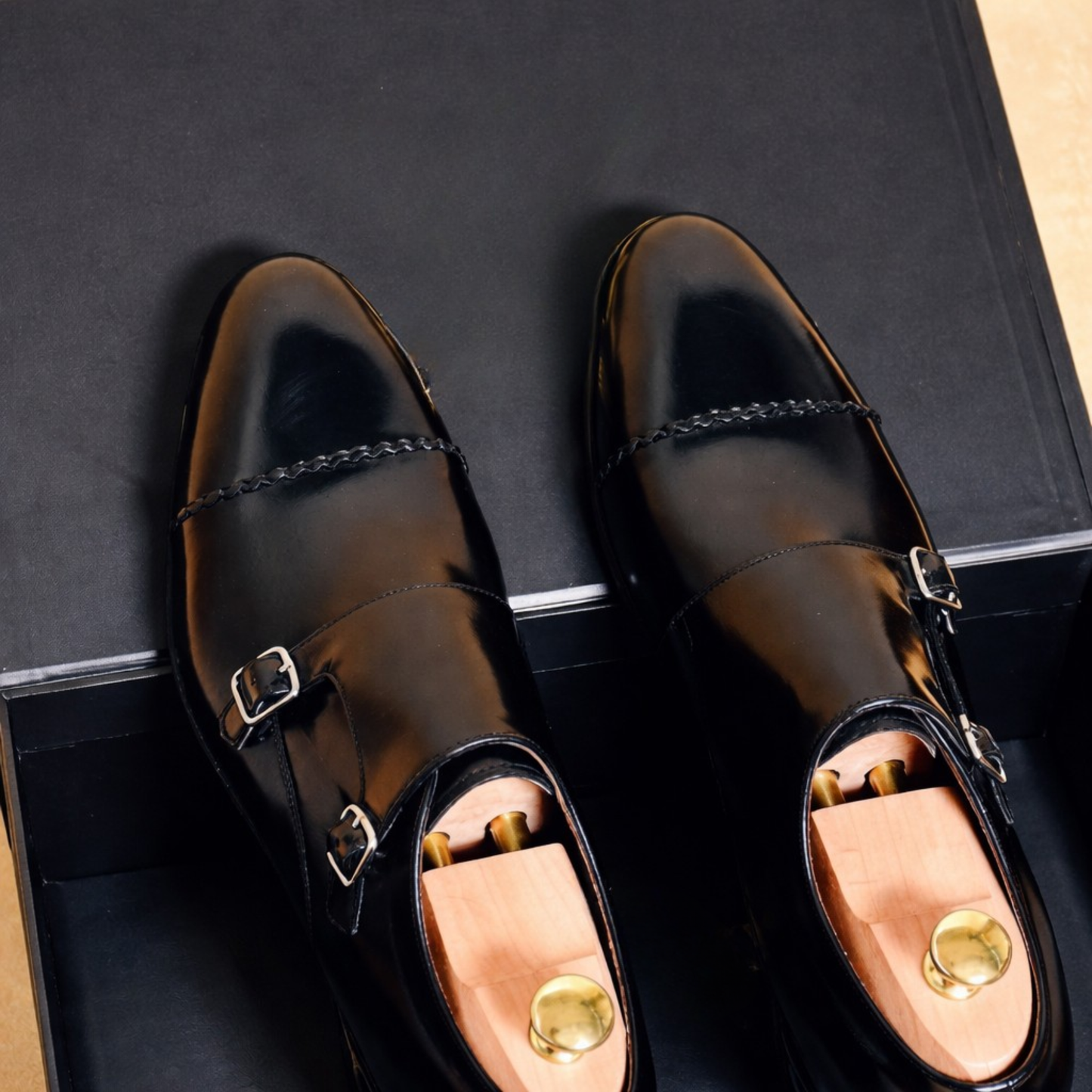Handcrafted Black Leather Double Monk Strap Shoes for Men