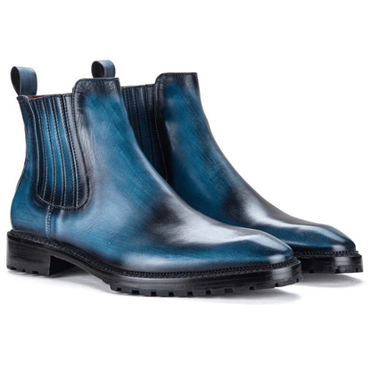Hand-Patina Blue Leather Chelsea Boots with Rugged Sole – Premium Ankle Boots