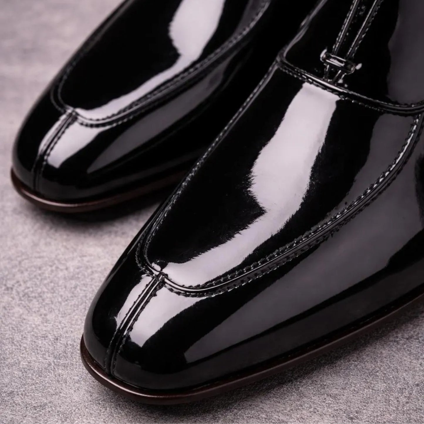 Black patent leather Oxford dress shoes for men - close-up view