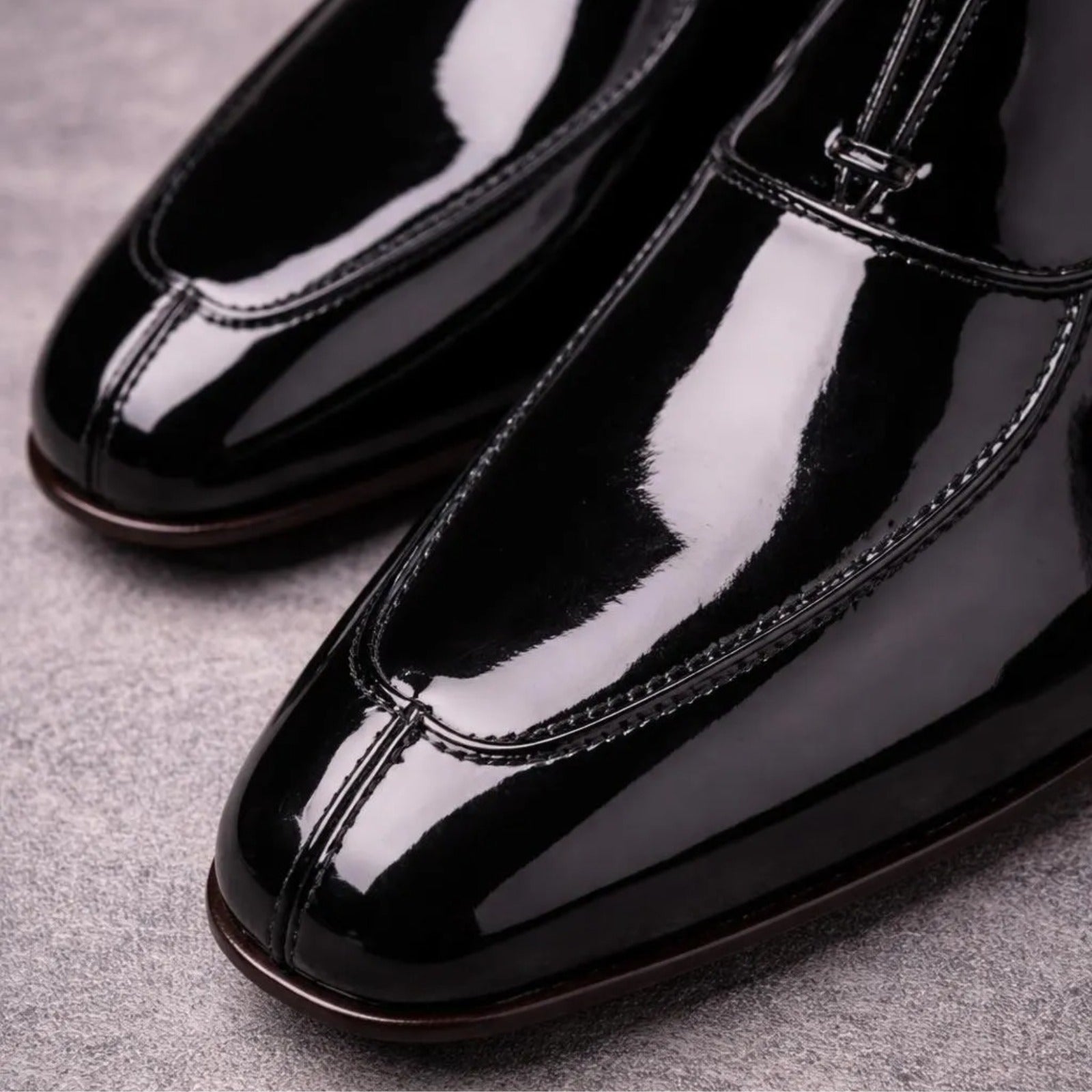 Black patent leather Oxford dress shoes for men - close-up view