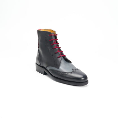 Handcrafted Leather Brogue Boots: Black Lace-Up Biker Style