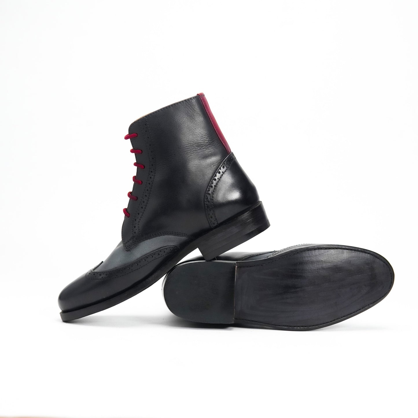 Handcrafted Leather Brogue Boots: Black Lace-Up Biker Style
