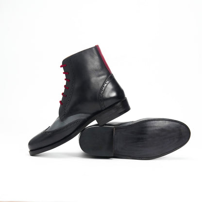 Handcrafted Leather Brogue Boots: Black Lace-Up Biker Style