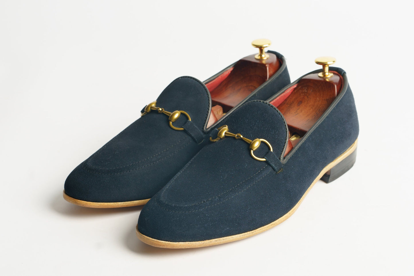 Handmade Navy Suede Loafers: Leather Dress Shoes with Horse Bit