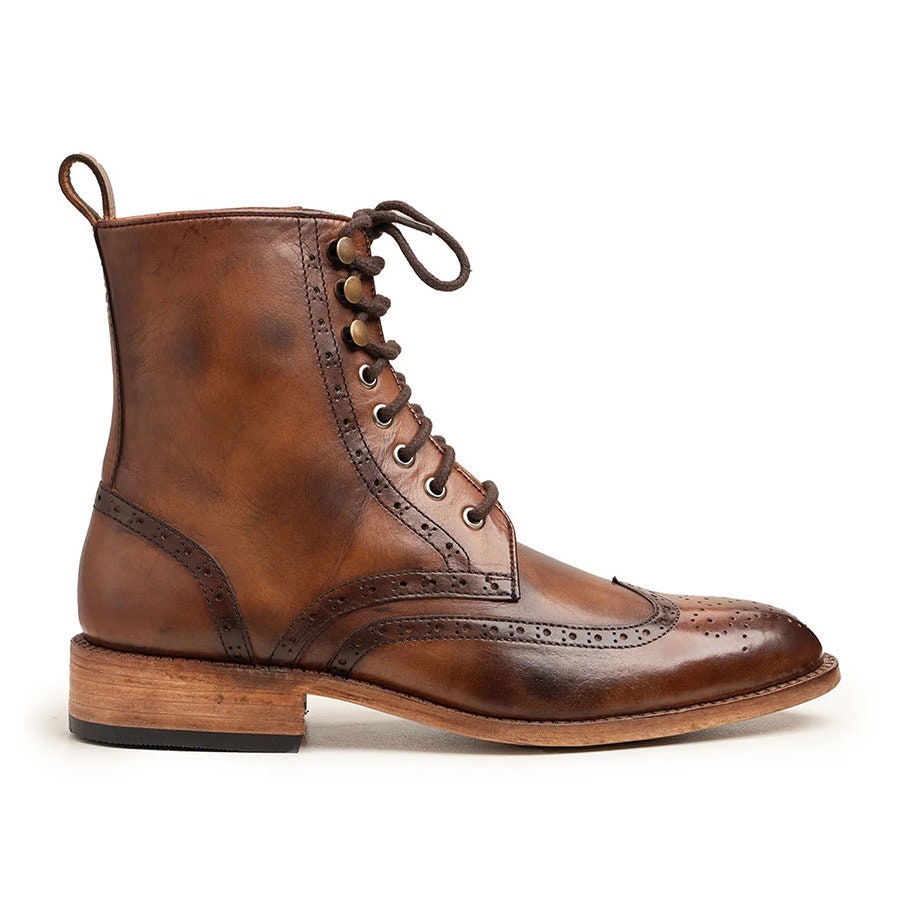 Classic Wingtip Brogue Boots Unisex Handmade Leather Lace-Up Boots
