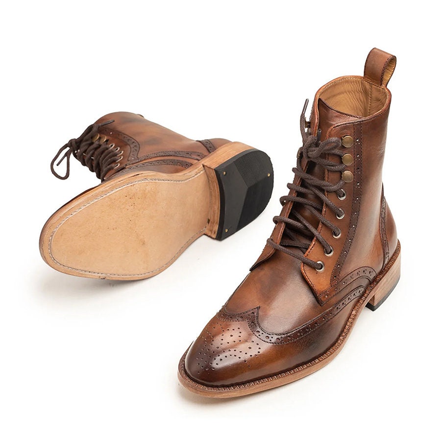 Classic Wingtip Brogue Boots Unisex Handmade Leather Lace-Up Boots