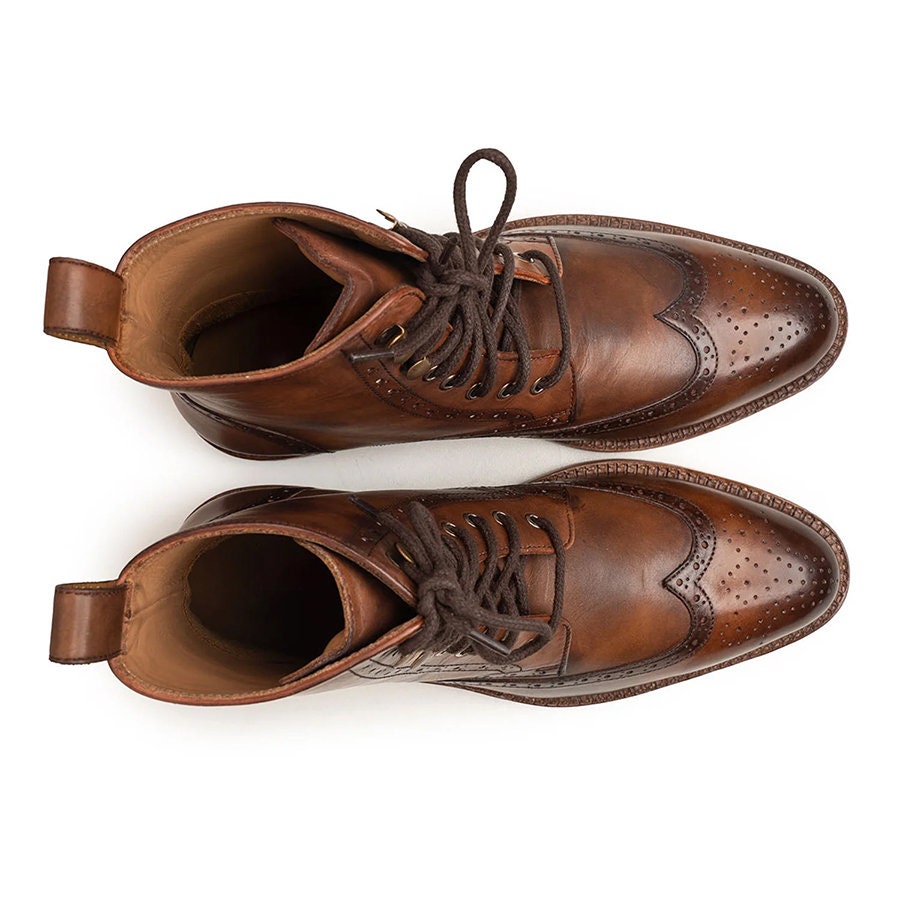 Classic Wingtip Brogue Boots Unisex Handmade Leather Lace-Up Boots