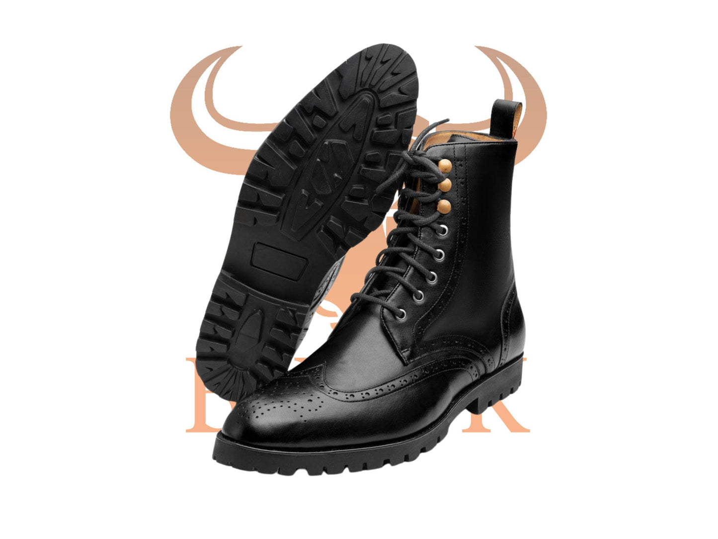 Handmade Leather Wingtip Boots: Black Oxford Brogue Ankle Shoes