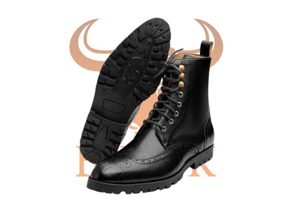 Handmade Leather Wingtip Boots: Black Oxford Brogue Ankle Shoes