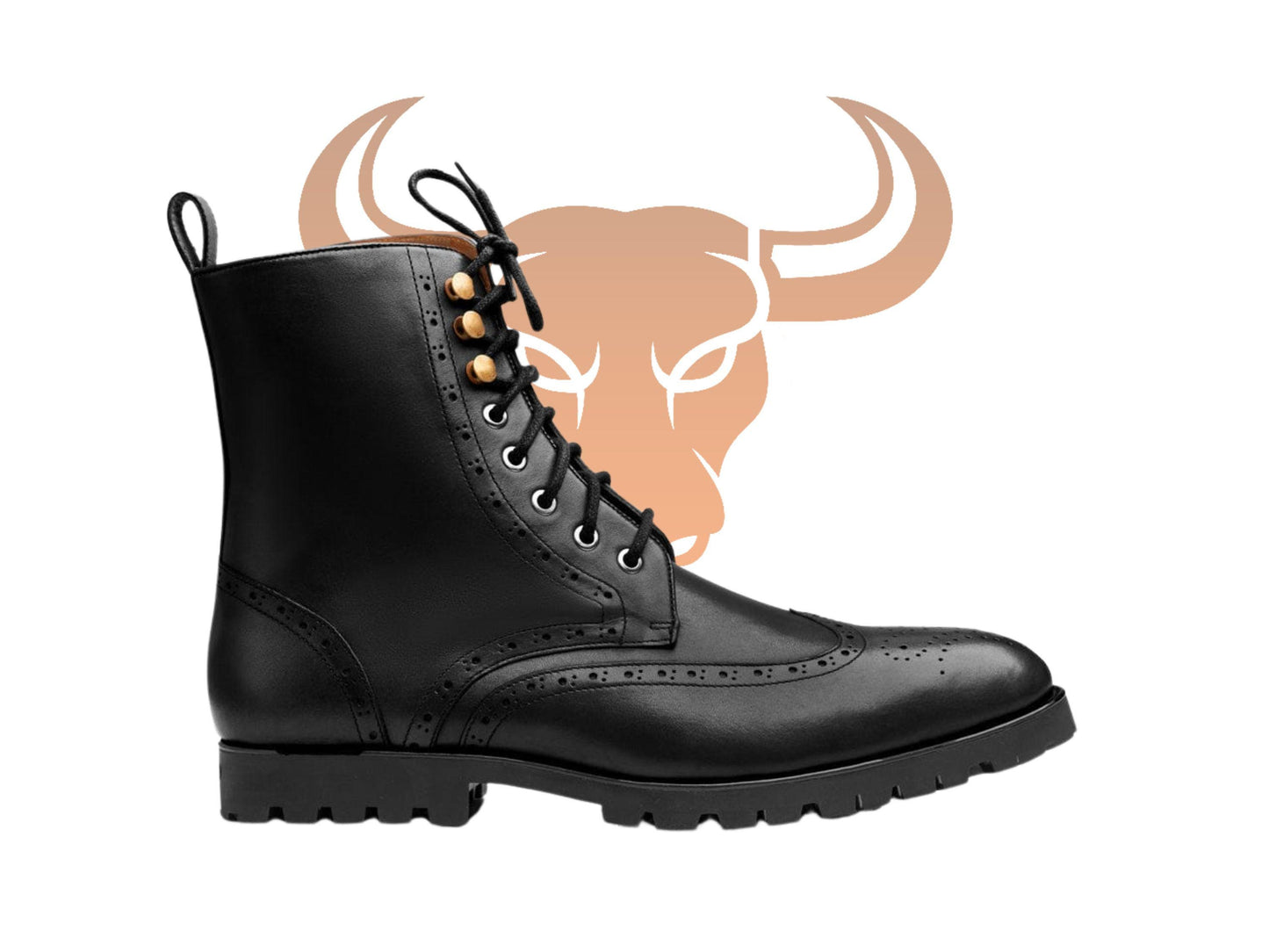Handmade Leather Wingtip Boots: Black Oxford Brogue Ankle Shoes