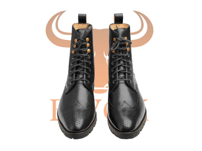 Handmade Leather Wingtip Boots: Black Oxford Brogue Ankle Shoes