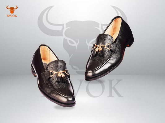 Handmade Black Leather Horsebit Loafers: Men's Slip-On Tassel Shoes