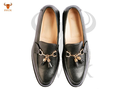 Handmade Black Leather Horsebit Loafers: Men's Slip-On Tassel Shoes