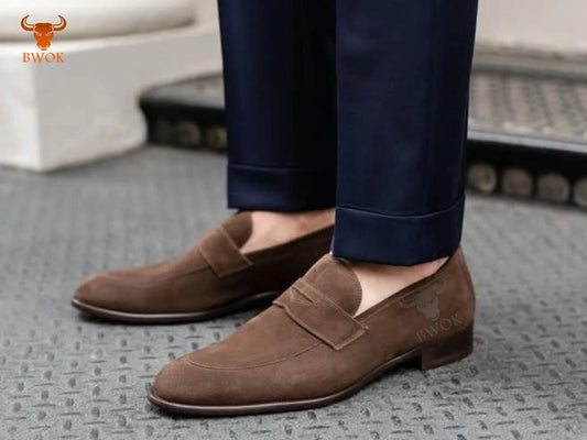 Handmade Brown Suede Penny Loafers: Custom-Fit Leather Slip-Ons