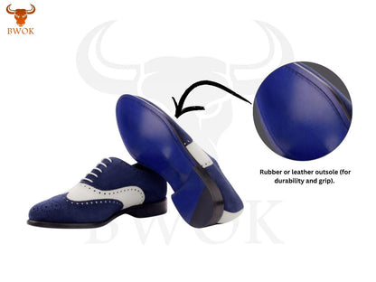 Handmade Two-Tone Suede Oxford Shoes: Blue & White Brogue Wingtip