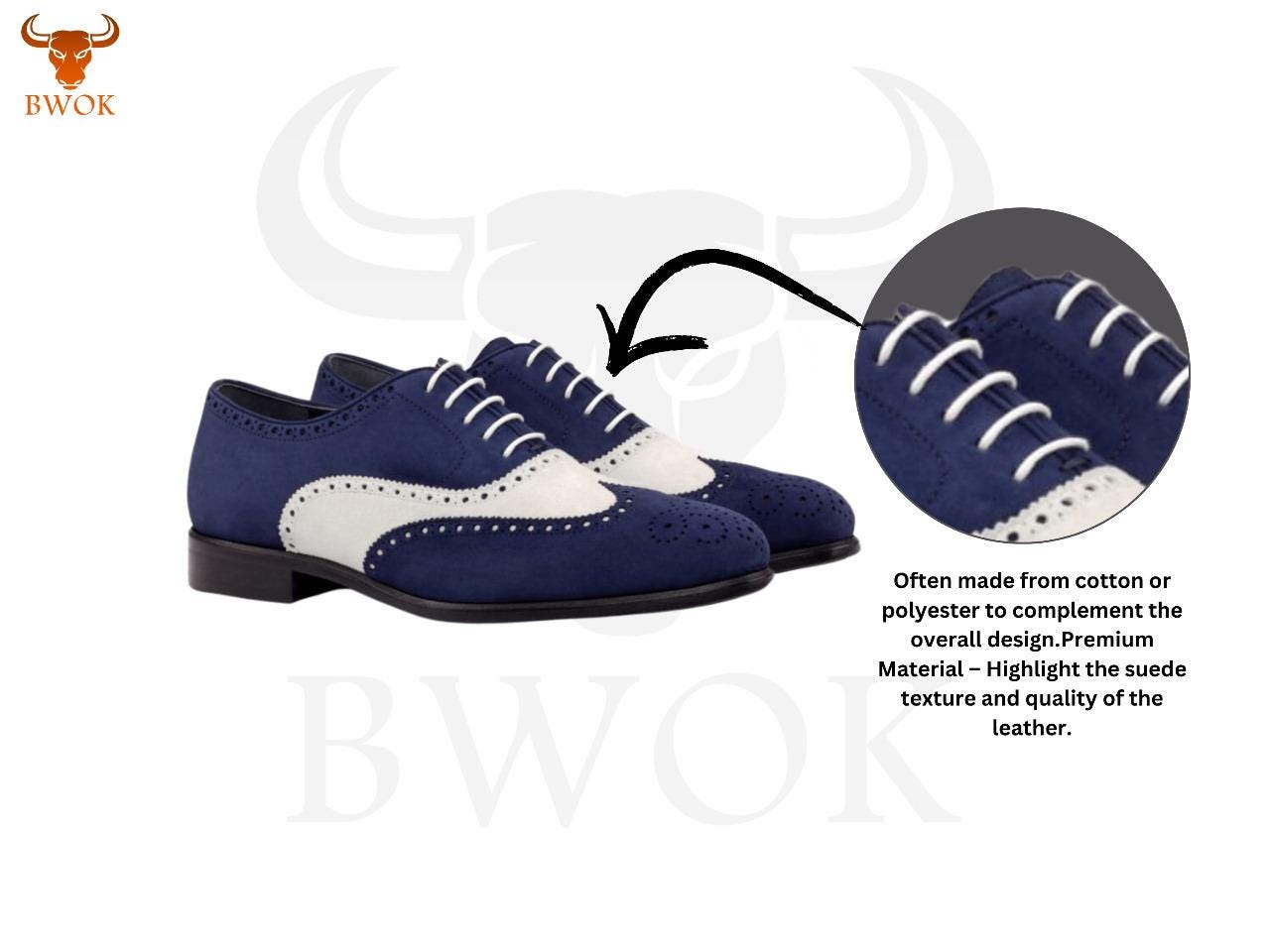 Handmade Two-Tone Suede Oxford Shoes: Blue & White Brogue Wingtip
