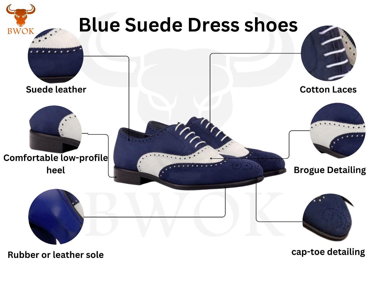 Handmade Two-Tone Suede Oxford Shoes: Blue & White Brogue Wingtip