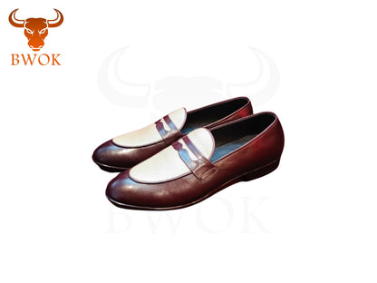 Handmade Two-Tone Leather Loafers: Brown & White Wedding Shoes