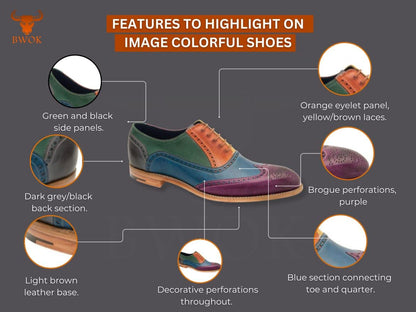 Handmade Multi-Color Leather Brogue Shoes: Wingtip Oxford Dress Shoes