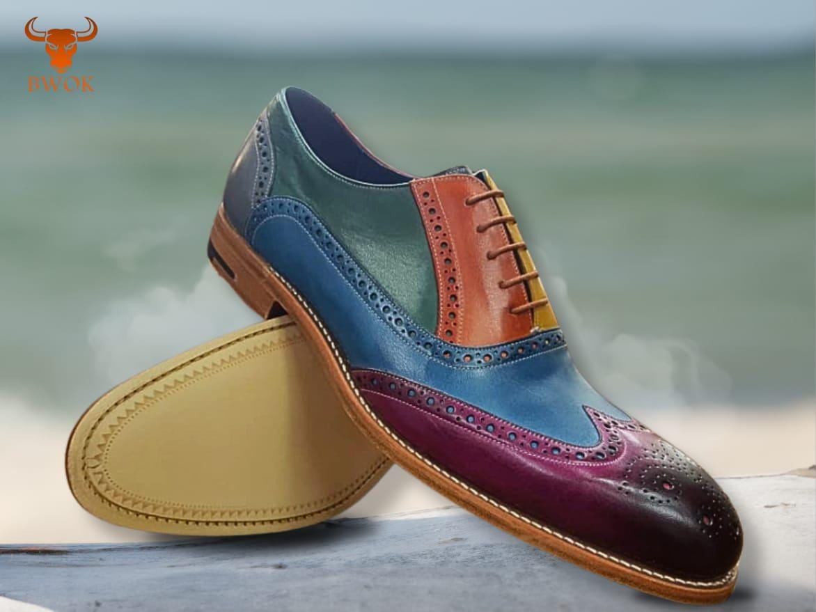 Handmade Multi-Color Leather Brogue Shoes: Wingtip Oxford Dress Shoes