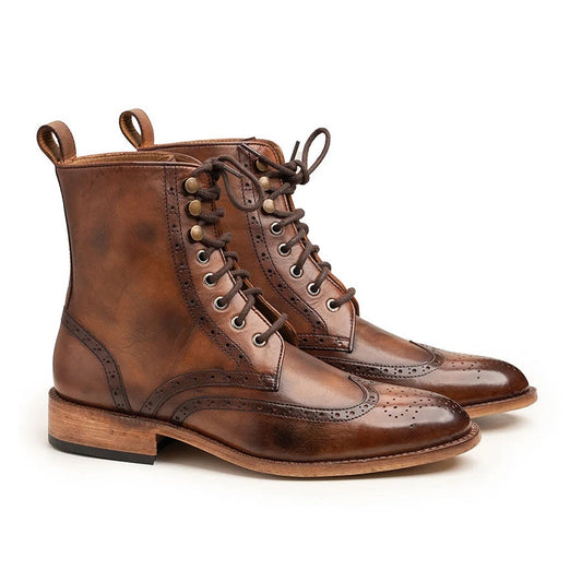Handmade Brown Leather Wingtip Brogue Shoes Unisex Lace-Up Oxford Dress Shoes Classic Vintage Style
