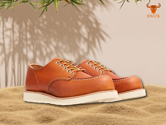 Moc Toe Orange Leather Shoes-Classic Oxford Heritage Boots, Handmade Men's Low Ankle Work Shoes, Vintage Red Wing Style, Premium Leather