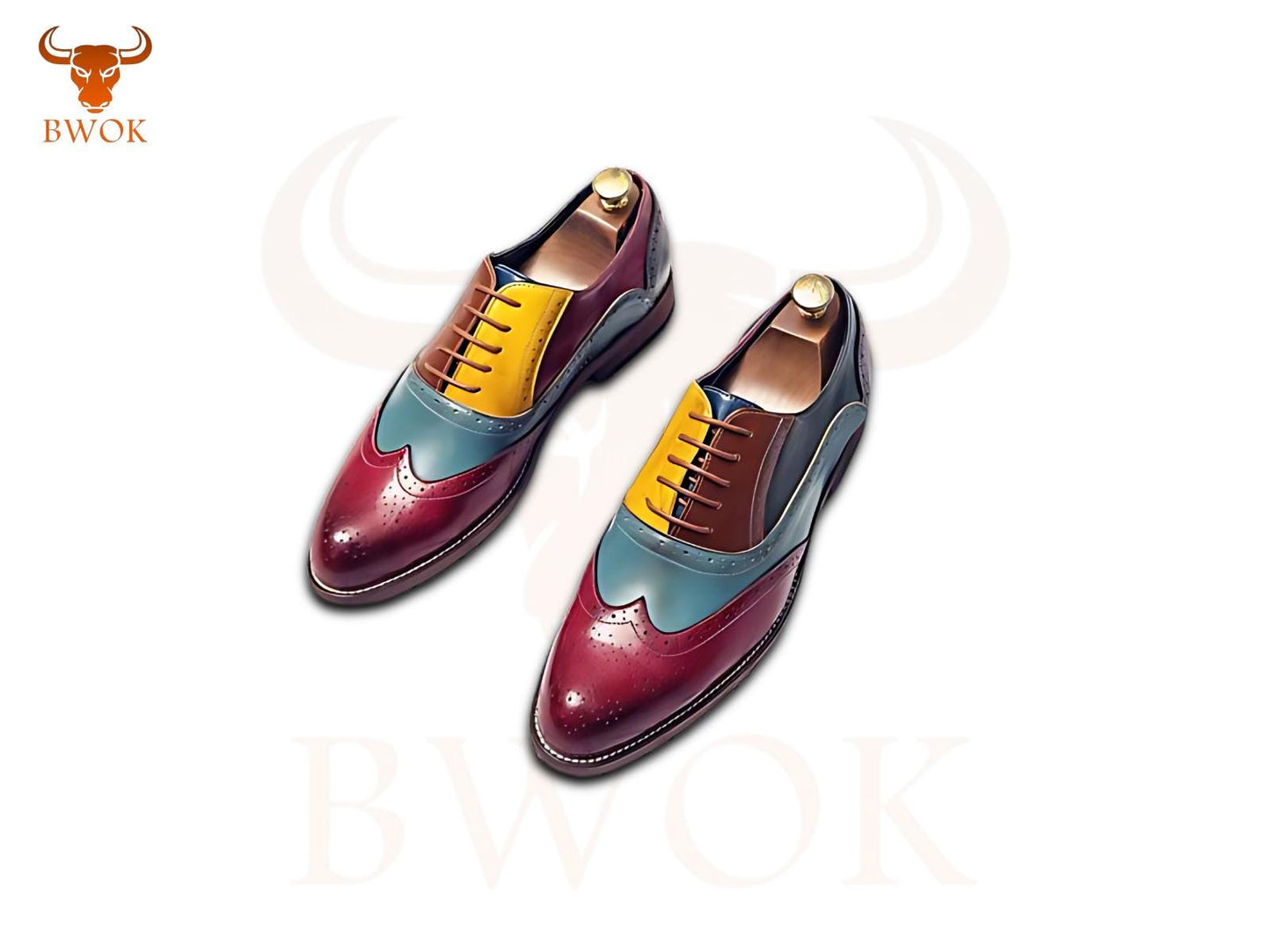 Handmade Multi-Color Leather Brogue Shoes: Wingtip Oxford Dress Shoes