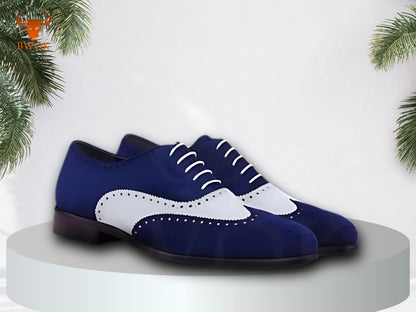 Handmade Two-Tone Suede Oxford Shoes: Blue & White Brogue Wingtip