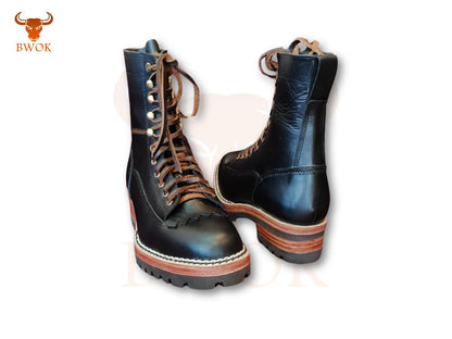 Handgemachte schwarze Smoke Jumper Lederstiefel: Robuste Motorradstiefel