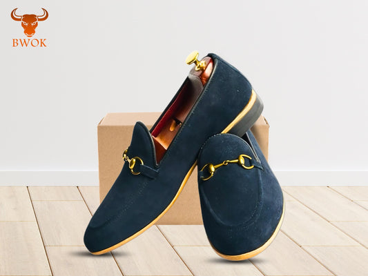 Handmade Navy Suede Loafers: Leather Dress Shoes with Horse Bit