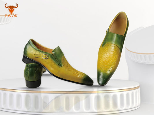 Handmade Italian Leather Monk Strap Shoes: Yellow Green Alligator Texture