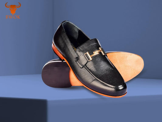 Handmade Snake Textured Leather Loafers: Men's Black Dress Shoes