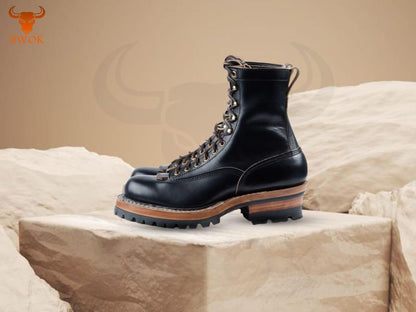 Handgemachte schwarze Smoke Jumper Lederstiefel: Robuste Motorradstiefel