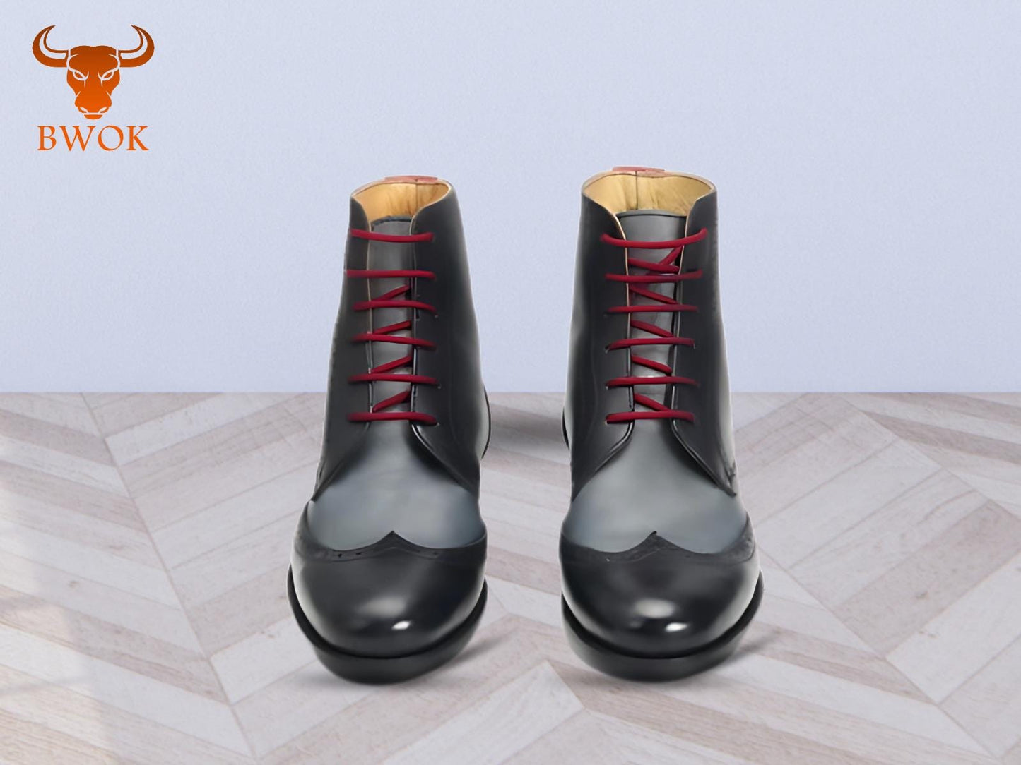 Handcrafted Leather Brogue Boots: Black Lace-Up Biker Style
