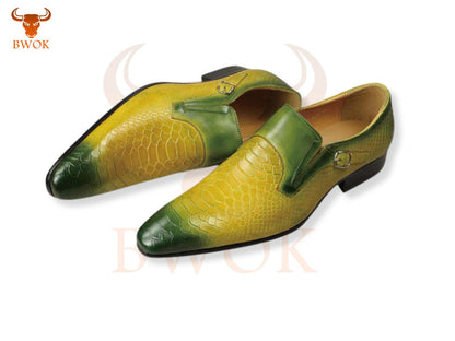 Handmade Italian Leather Monk Strap Shoes: Yellow Green Alligator Texture