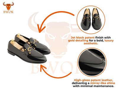 Handmade Black Patent Leather Buckled Loafers: Sleek Men's Dress Shoes