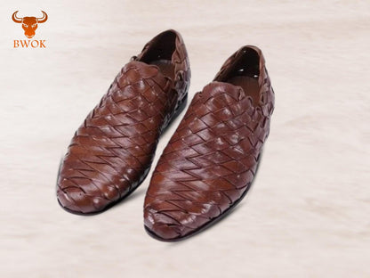 Handmade Woven Leather Loafers: Classic Brown Slip-On Dress Shoes