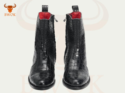 Crocodile Embossed Leather Ankle Boots: Western Style, Handmade