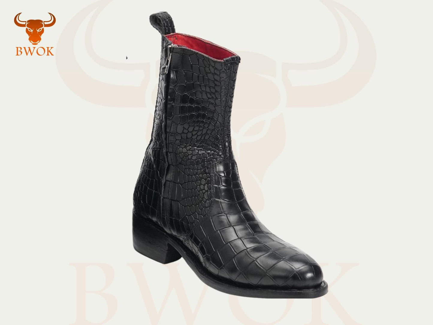 Crocodile Embossed Leather Ankle Boots: Western Style, Handmade