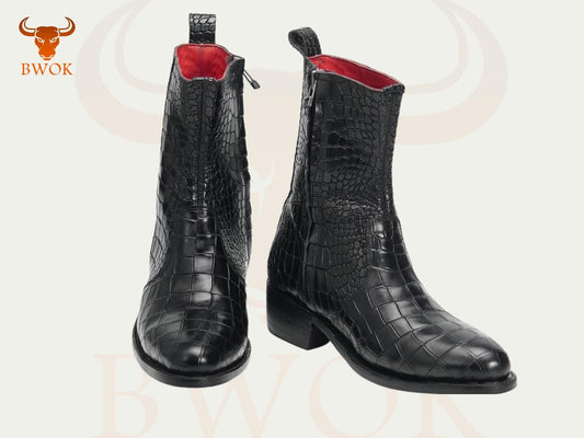 Crocodile Embossed Leather Ankle Boots: Western Style, Handmade